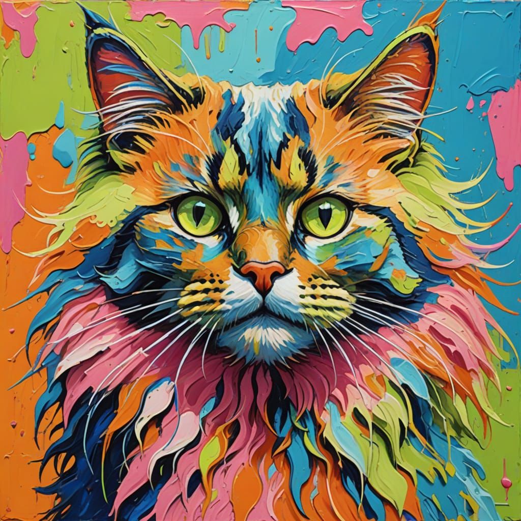 Vibrant Neo-Impressionist Masterpiece: Abstract Feline Portr...