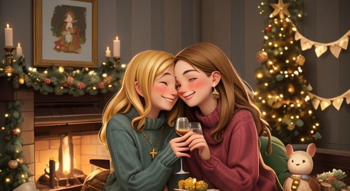 Two Women Celebrate Winter Nights with Joyful Toasts
