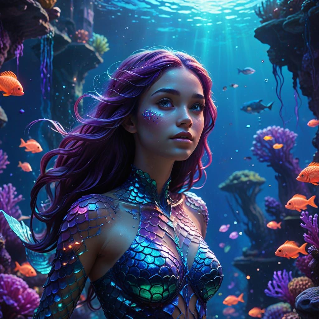 Neon Mermaid in Underwater City: Bioluminescent Art