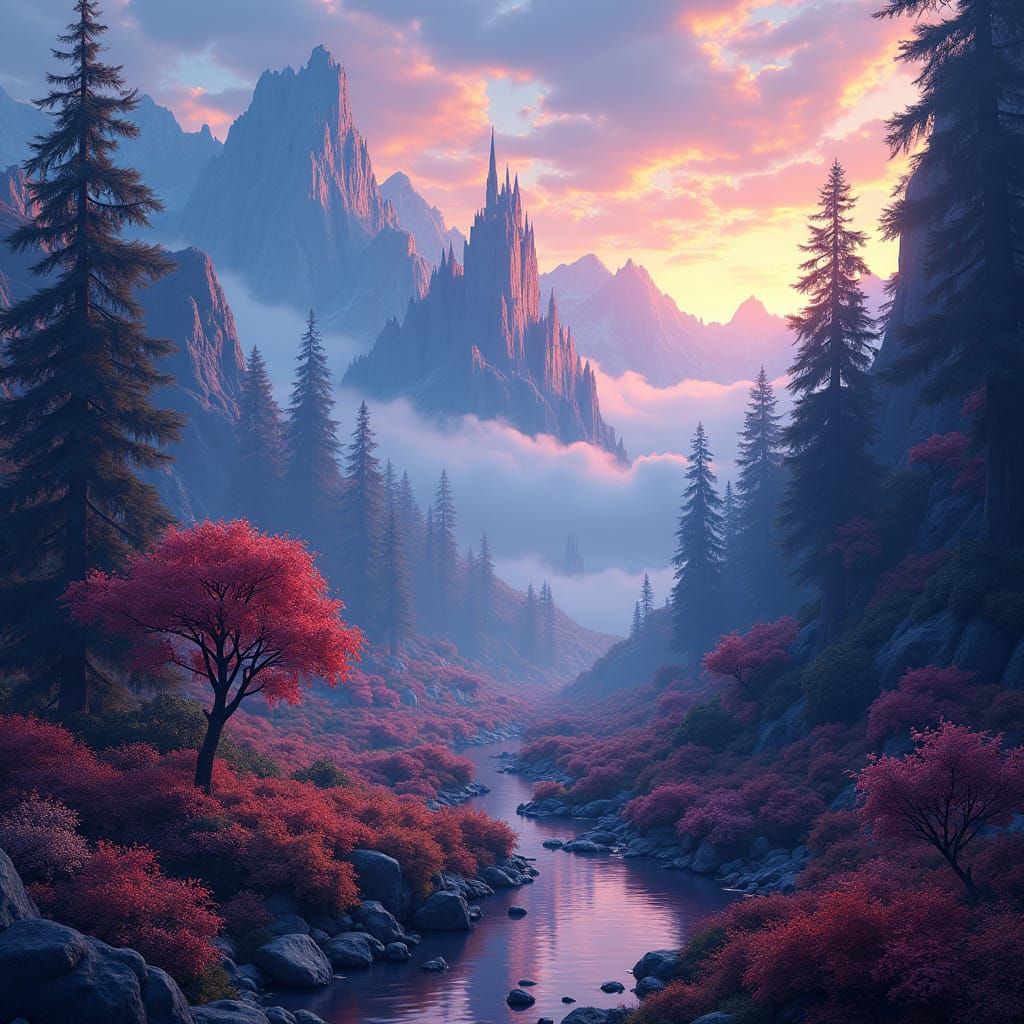 Mystical Landscape with Glowing Forest as Matte Painting