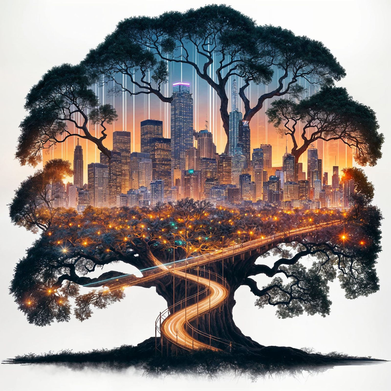 Ancient Oak Silhouette With Metropolis Skyline at Dusk