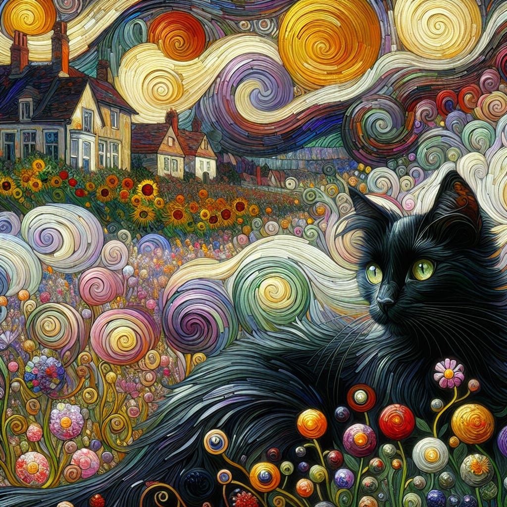 Black Cat in Klimt-Inspired Viennese Landscape