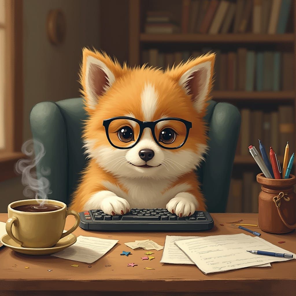 Dog Typist in the Style of Beatrix Potter