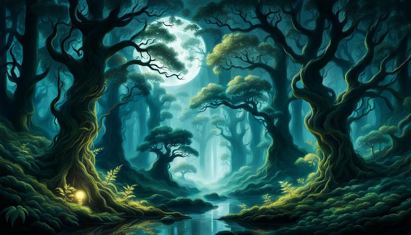 Ethereal Forest with Whispering Leaves in Moonlight