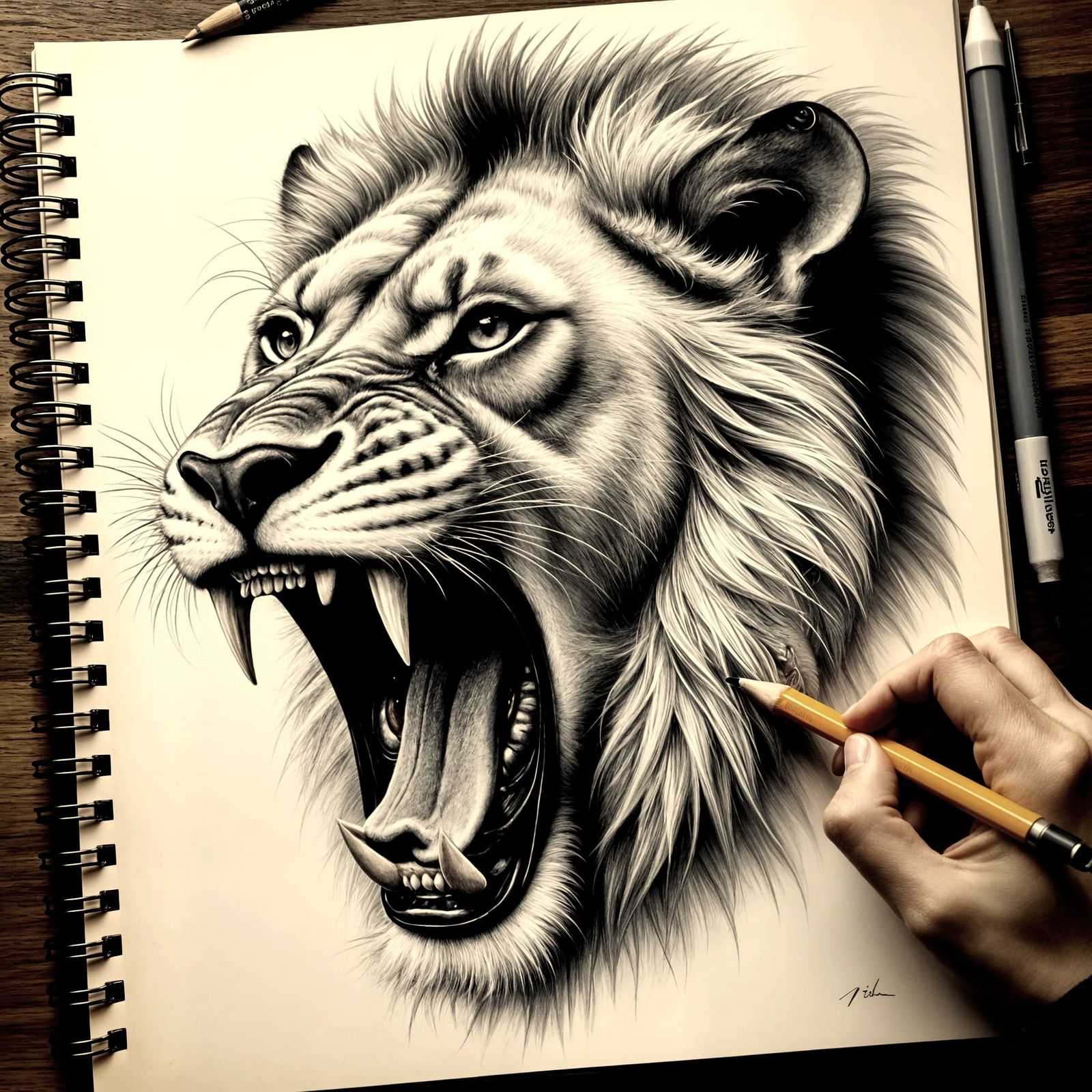 Hyper-Realistic Lion Drawing in Sketchbook