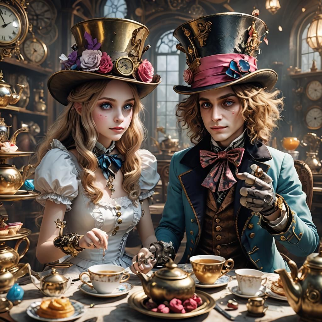 Steampunk Alice in Wonderland Tea Party, Anime Art