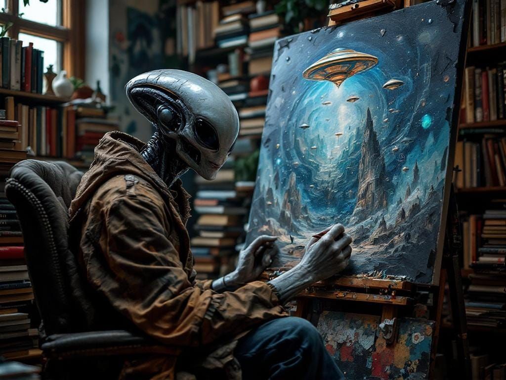 Alien Artist in Studio: Hyperrealistic Sci-Fi Art