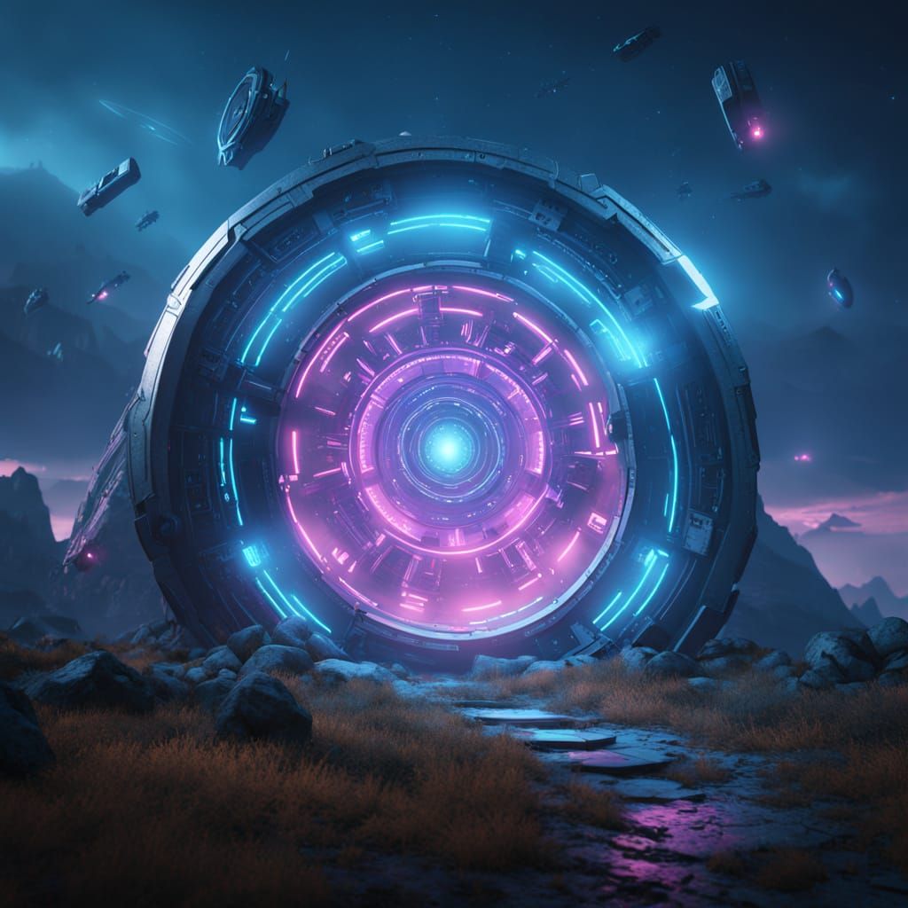 Interstellar Portal with Glowing Runes in Sci-Fi Landscape