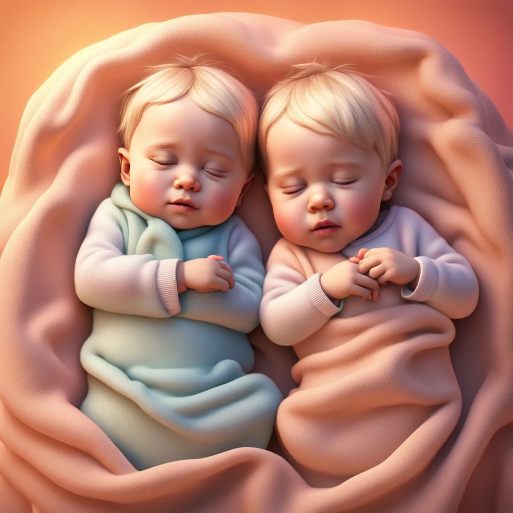 Cute Blonde Baby Twins Sleeping: 3D Digital Art