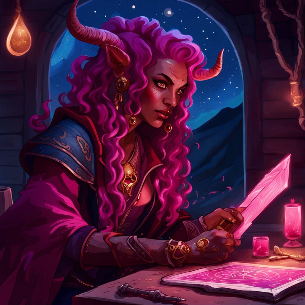 Tiefling Rogue Tarot Reader in Dark Fantasy Style