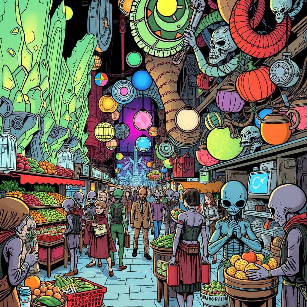 Bustling Alien Market in Comic Book Style