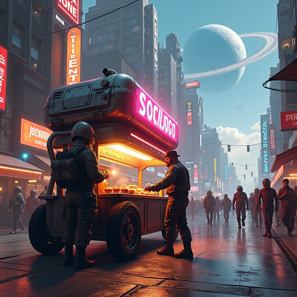 Space Cowboy Hotdog Cart on Futuristic Moon City