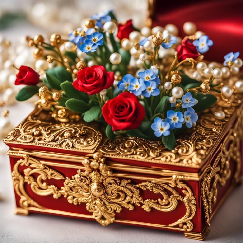 Luxury Box Overflowing with Jewels and Flowers