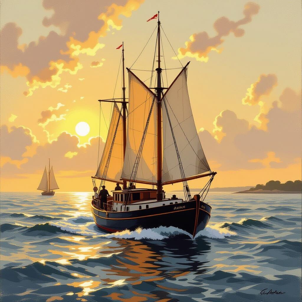 Sailor's Journey in Golden Light, Maritime Art