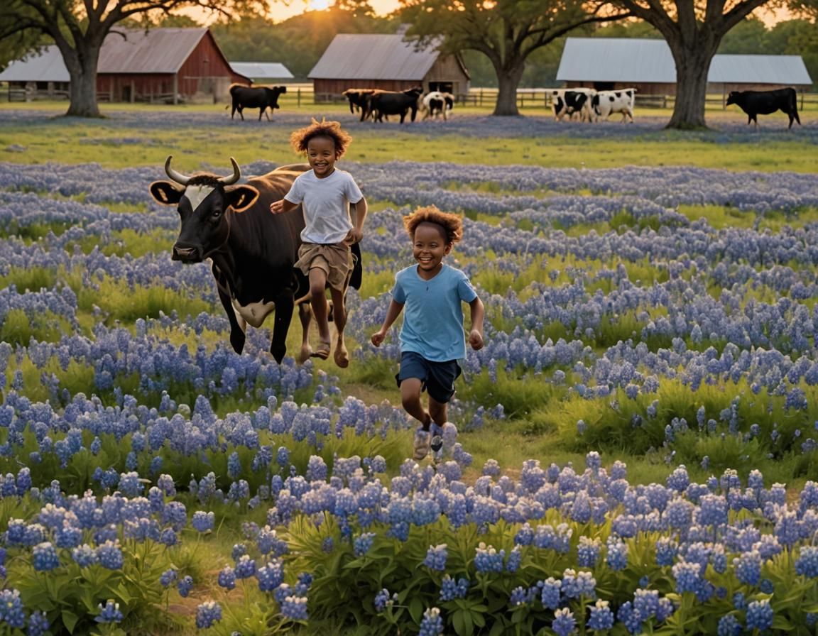 Children Playing in Bluebonnet Field at Sunset