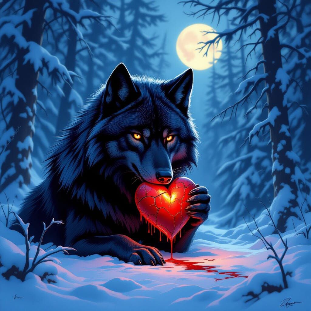 Loyal Black Wolf Holds Bleeding Heart in Snowy Forest
