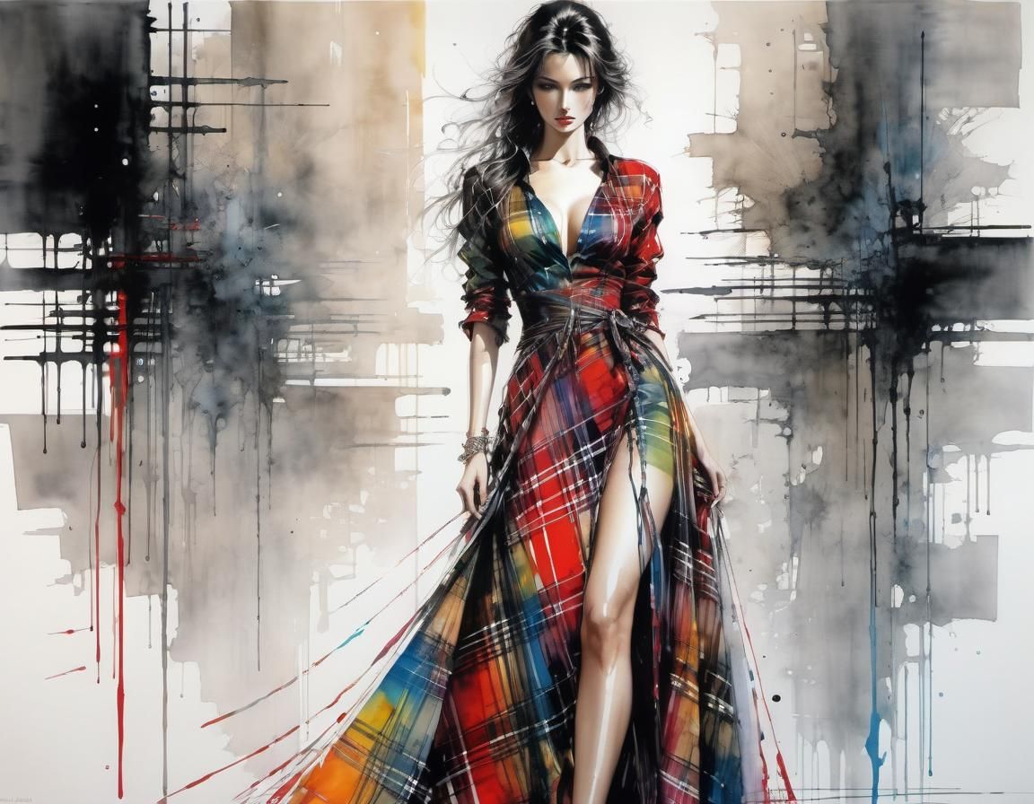 Colorful Plaid Dress Ink Drawing in Abstract Style