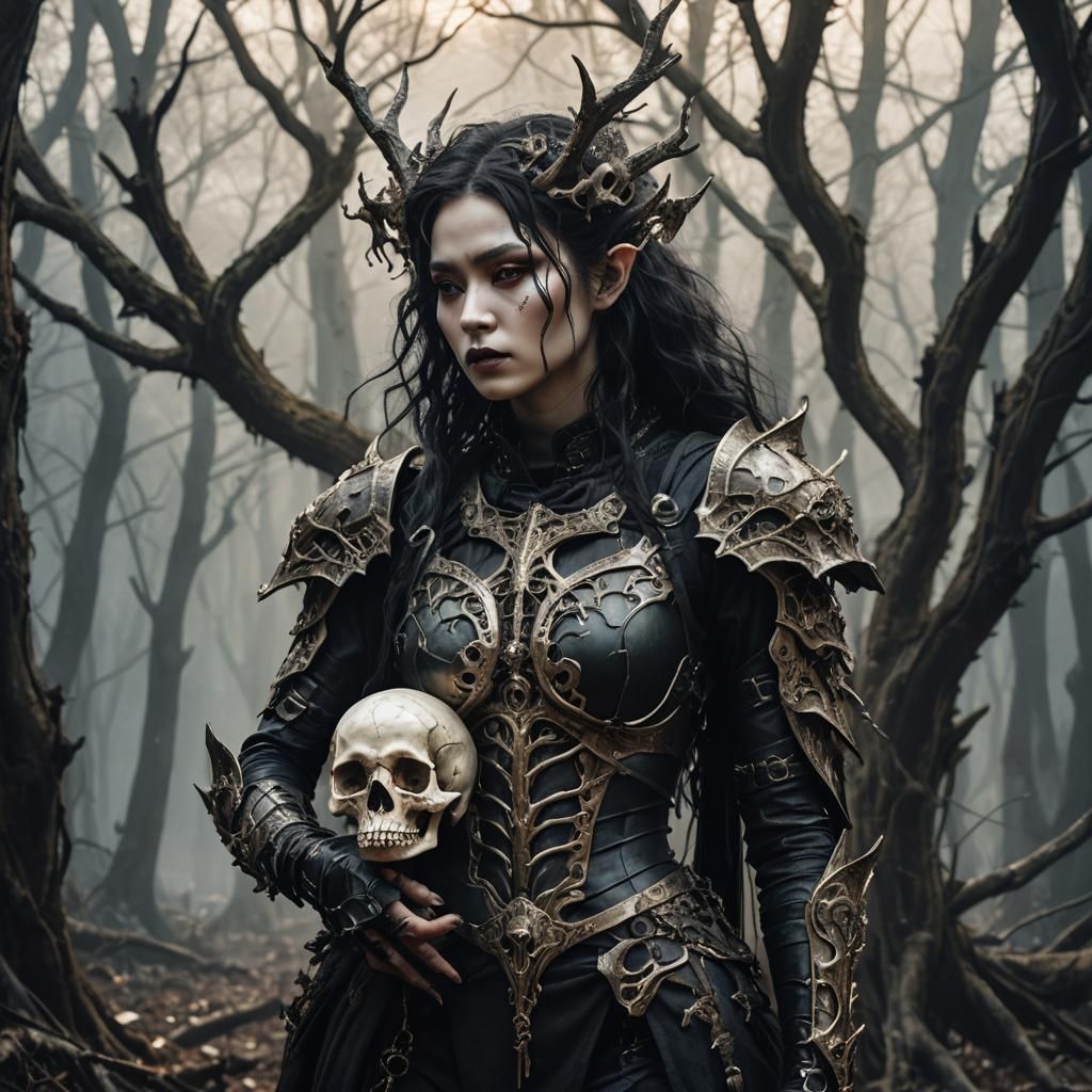 Gothic Elf Walks Through Rotting Forest: Dark Fantasy Art