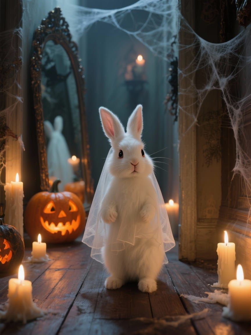 Ghostly Rabbit in Candlelit Victorian Hallway