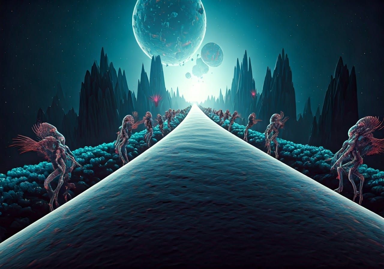 Surreal Procession on a Glowing Pathway in Mid-Air