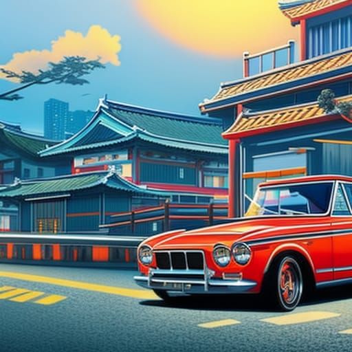 Japanese Coastal Town at Sunrise: Hyperrealistic Splash Art