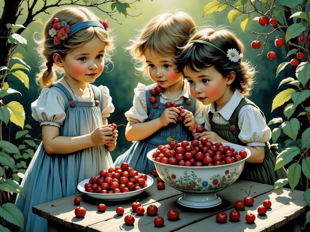 Cute Children Enjoy Cherries in a Flowered Porcelain Bowl by...