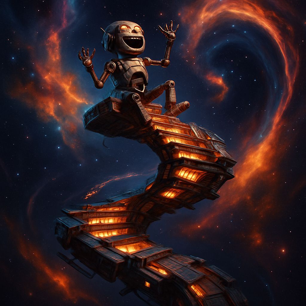 A hysterically laughing robot perched atop a spiraling staircase made from glowing scrap starship parts emerging from th...