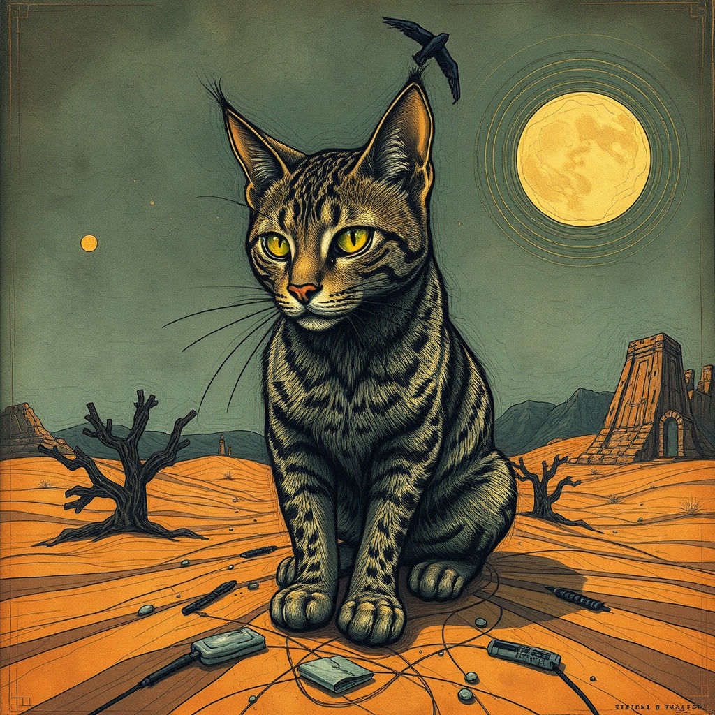 Surreal Desert Cat in Abstract Art Deco Style