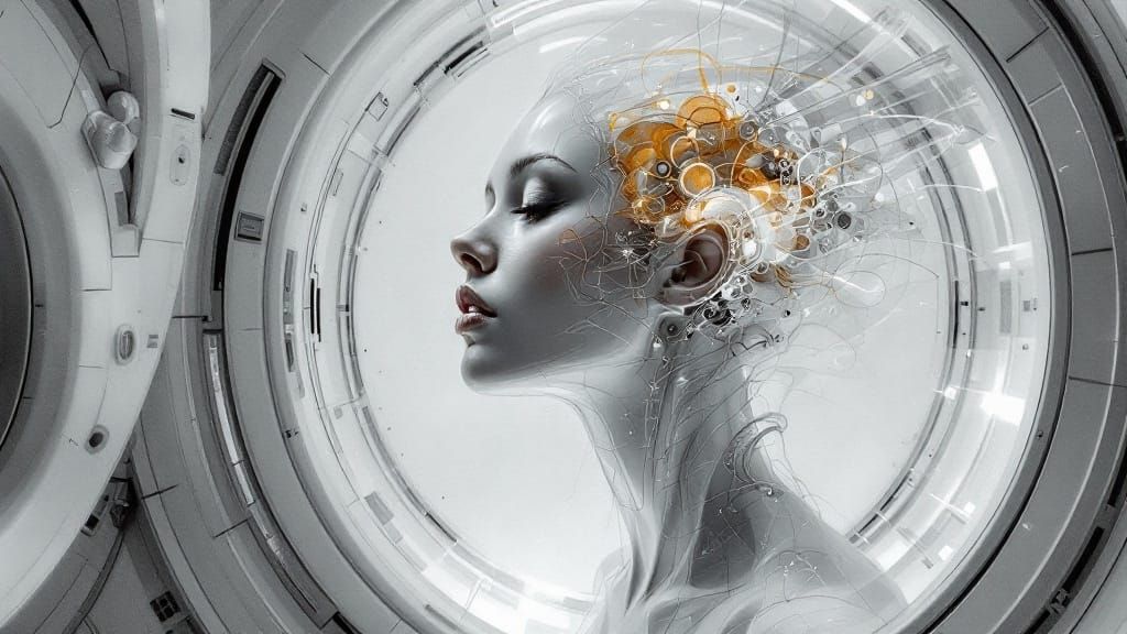 Ginger Woman Contemplates in Futuristic Sleep Pod