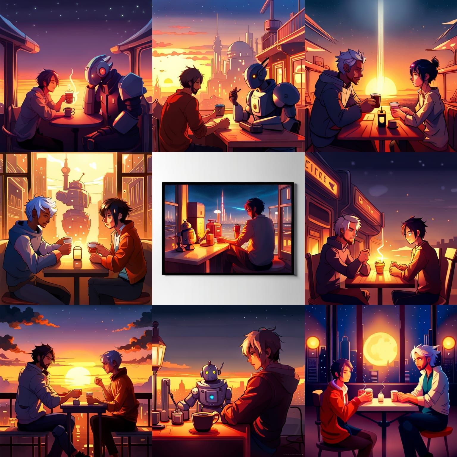 Man and Robot Share Coffee, Ghibli-Inspired Fantasy