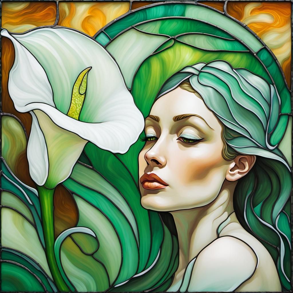 Stained Glass Calla Lily Woman in Art Nouveau Rococo Style