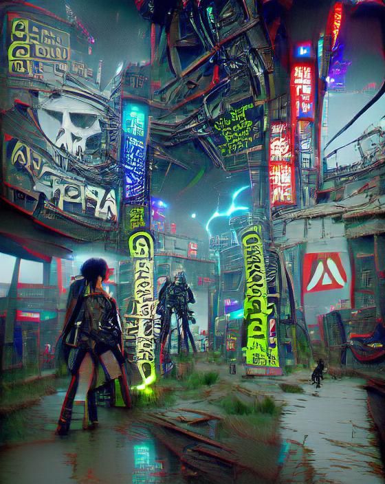 Cyberpunk Cityscape at Night in Post-Apocalyptic Setting