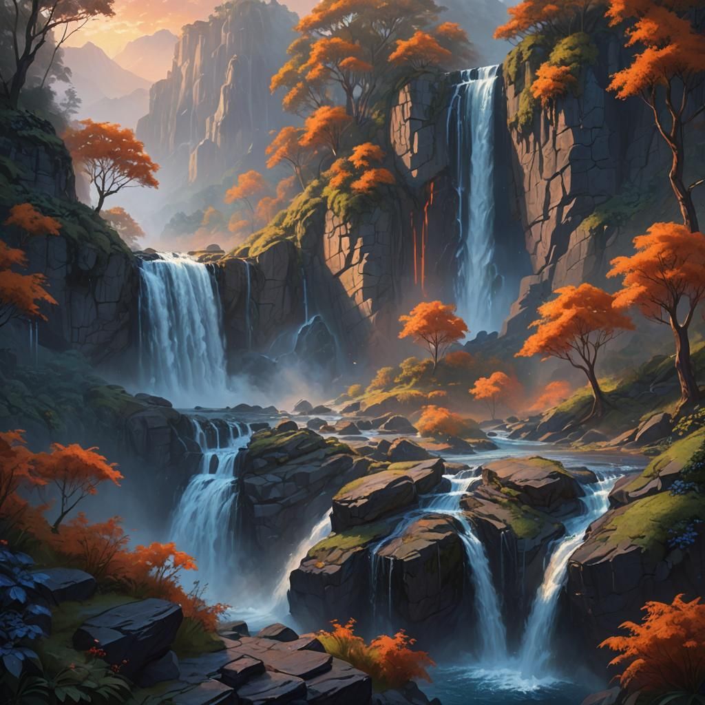 Fantasy Waterfall Sunset in Oil Painting Style