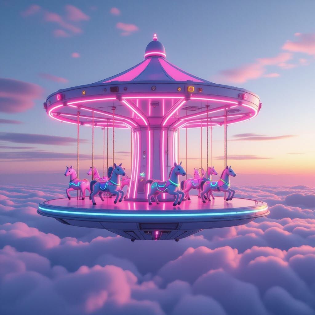 Eco-Futuristic Floating Platform with Neon Robotic Carousel