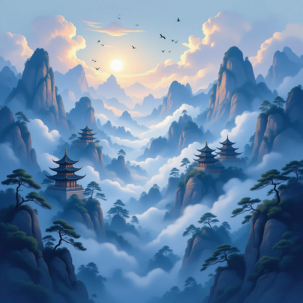 Ethereal Chinese Landscape Painting Scroll Unfurls