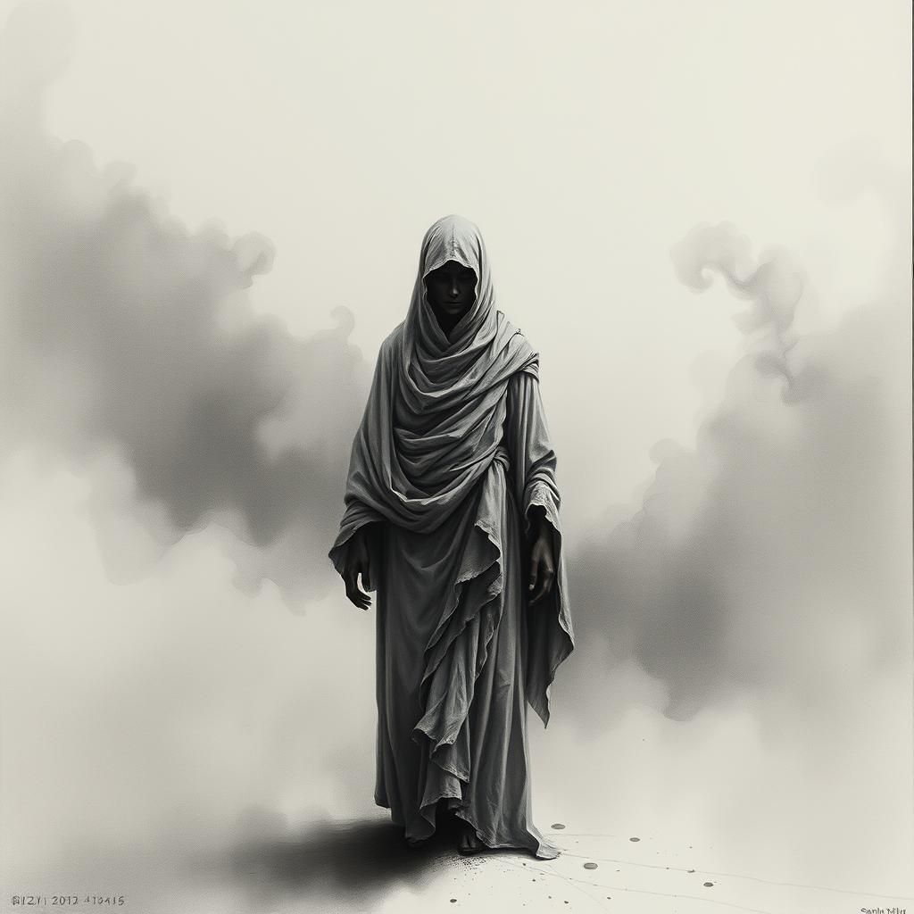 Serene Figure Amidst Ethereal Backdrop in Charcoal
