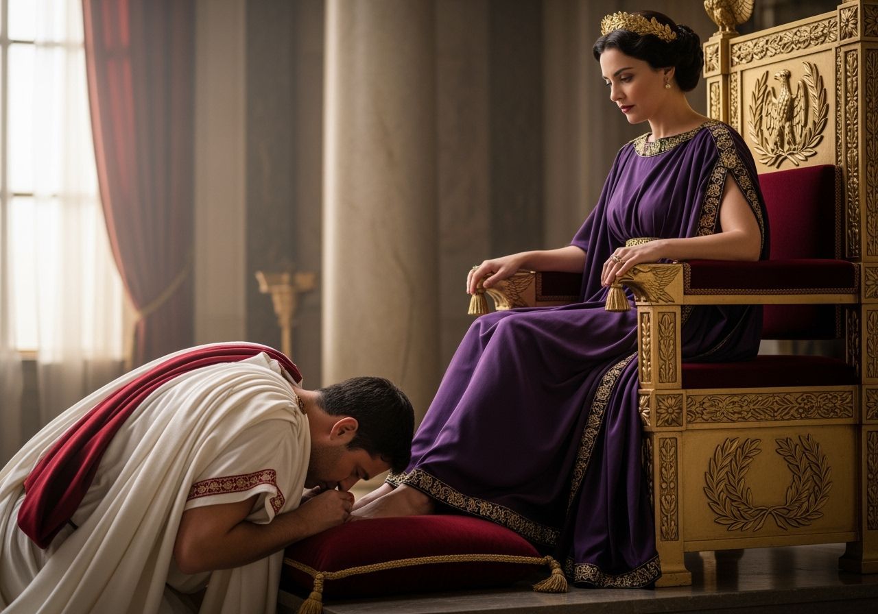 Roman Senator Pays Homage to Empress on Golden Throne