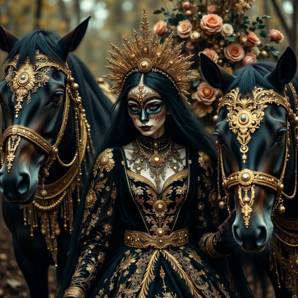 Golden-Masked Vampires in Twilight Garden, Gothic Art