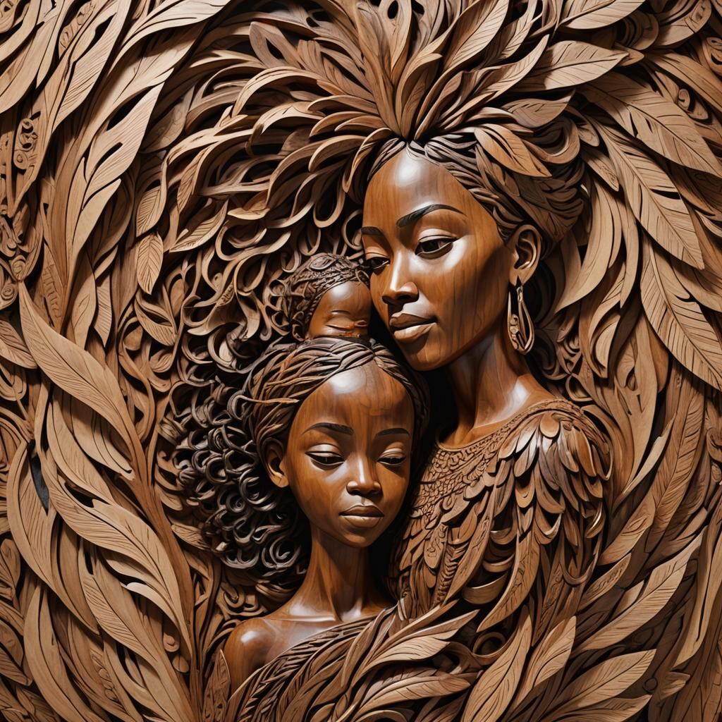Intricate Wood Sculpture of Woman and Child