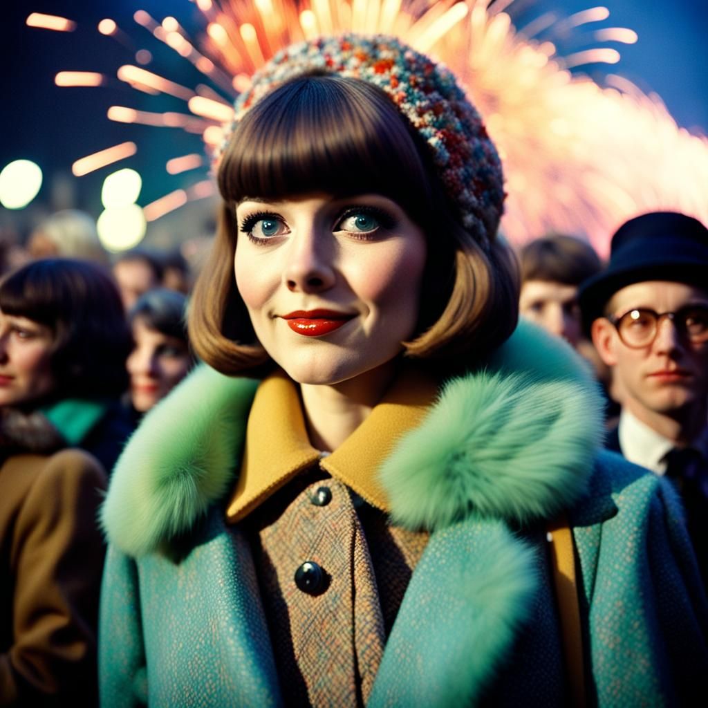 1960s Girl Watching New Year's Eve Fireworks
