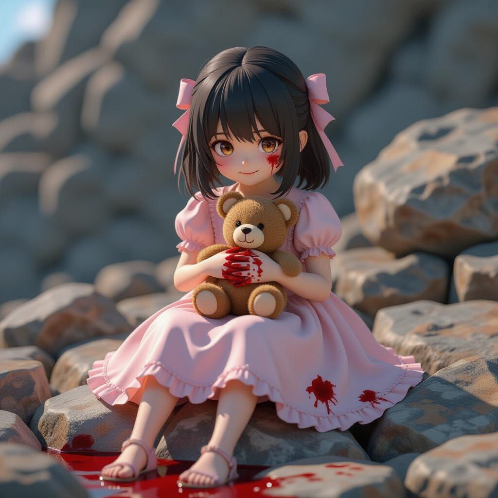 Eerie Anime Girl with Teddy Bear on Rocks