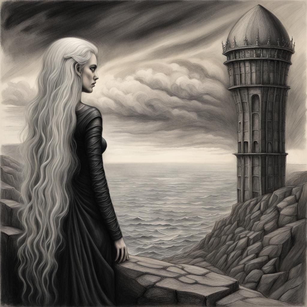 Sombre Woman in Tower: Bleak Landscape Drawing