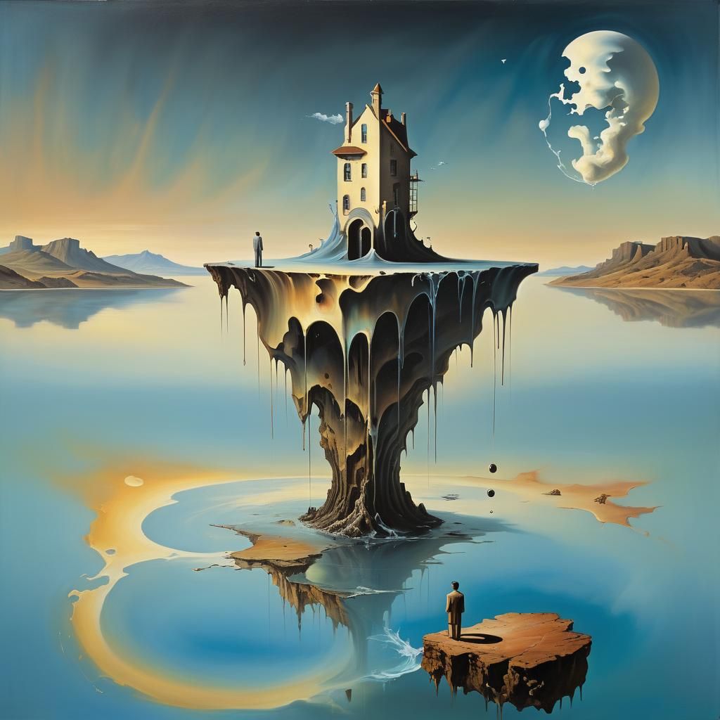 Surreal Figure Contemplates Melting Clockwork Island