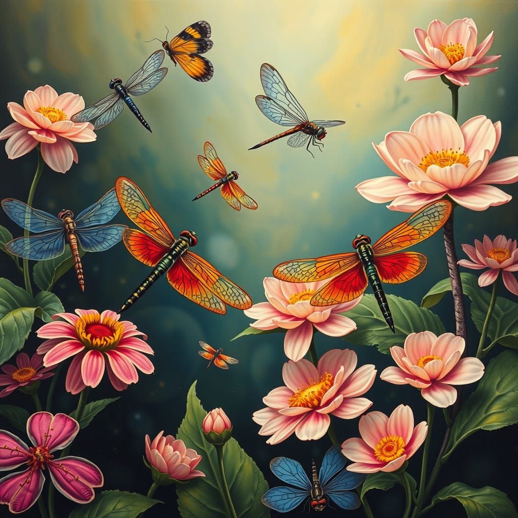 Surreal Dragonflies in Vibrant Floral Wonderland