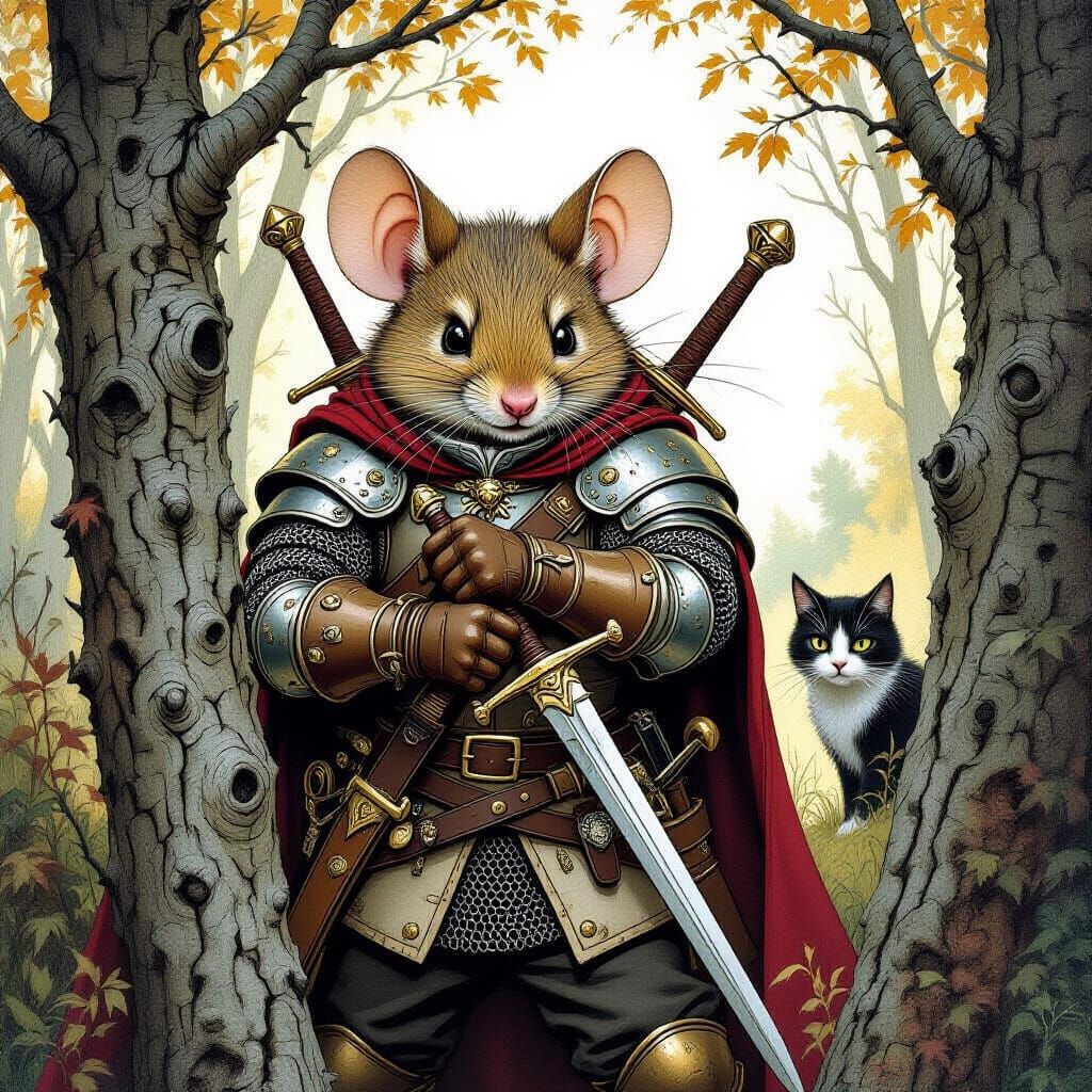 Knight Mouse Hides from Cat Behind Trees