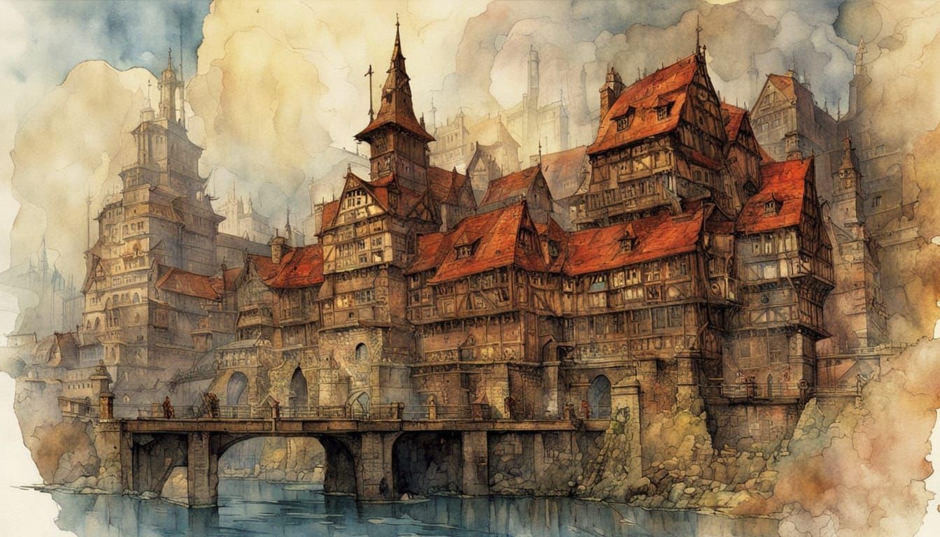 Vibrant Watercolor Adventurers Guild with Brass Beams