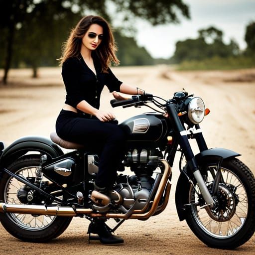 Woman on Royal Enfield Motorcycle in Black Outfit