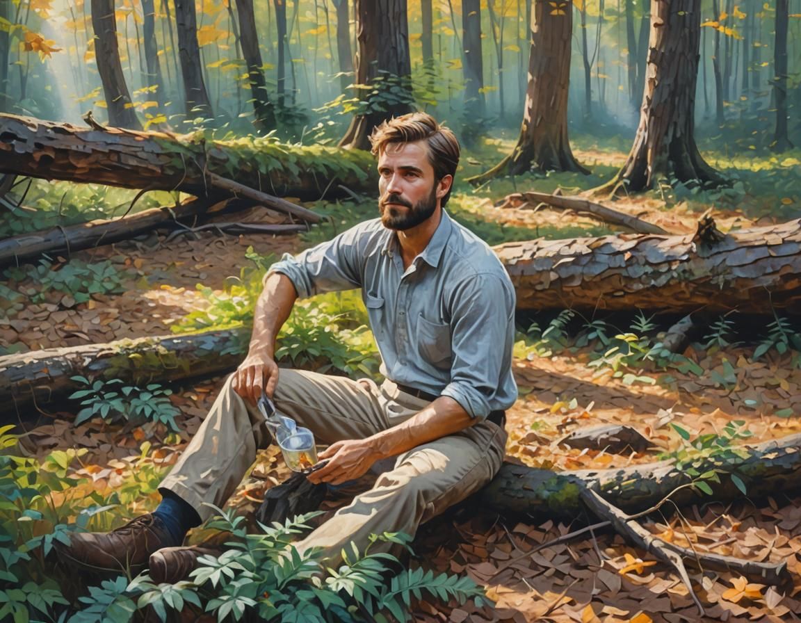 Man in Forest Clearing: Impressionist Oil Painting
