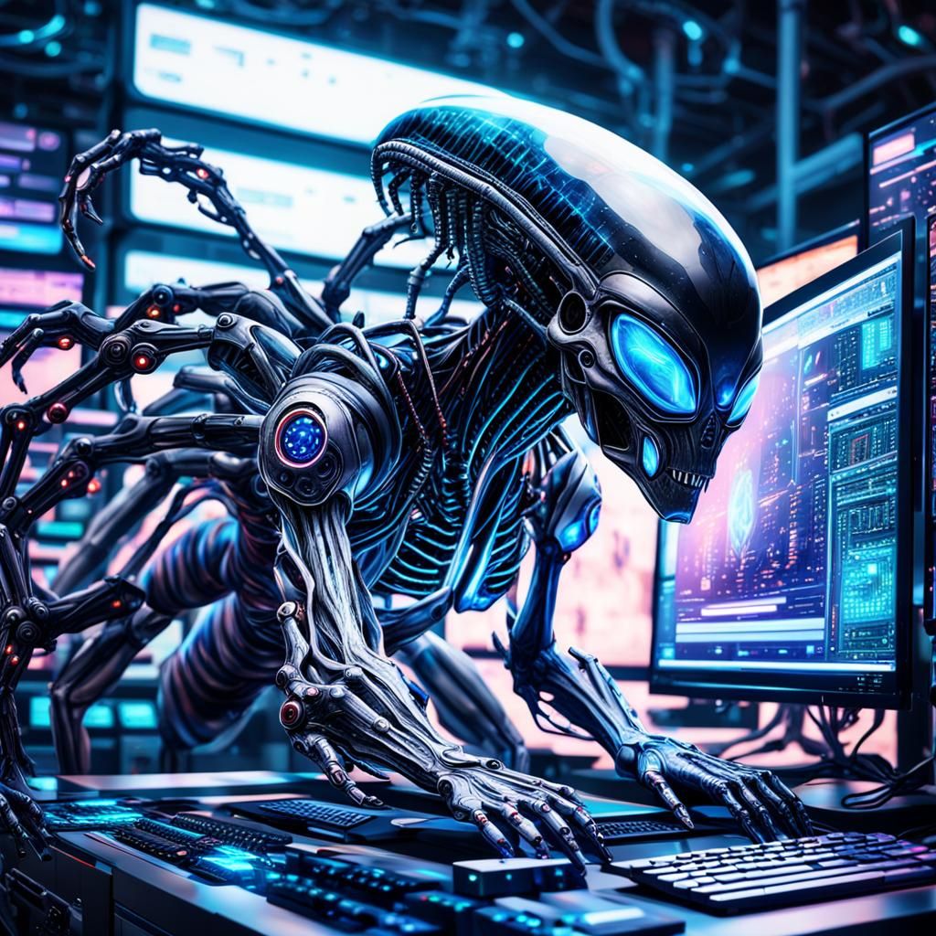 Alien Technician Operates Complex Computer in Astral Illustr...