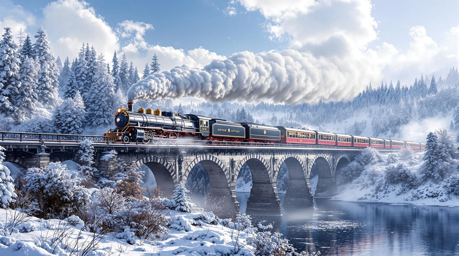 Steam Locomotive Crossing Majestic Arch Bridge in Winter